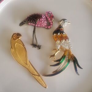 Lot of 3 Brooches Bird of Paradise Flamingo Parrot Multicolor Rhinestone Enamel